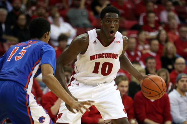 Wisconsin forward Nigel Hayes (10) looks to pass as Boise State guard Chandler Hutchison (15) defends. PHOTO: Mary Langenfeld-USA TODAY