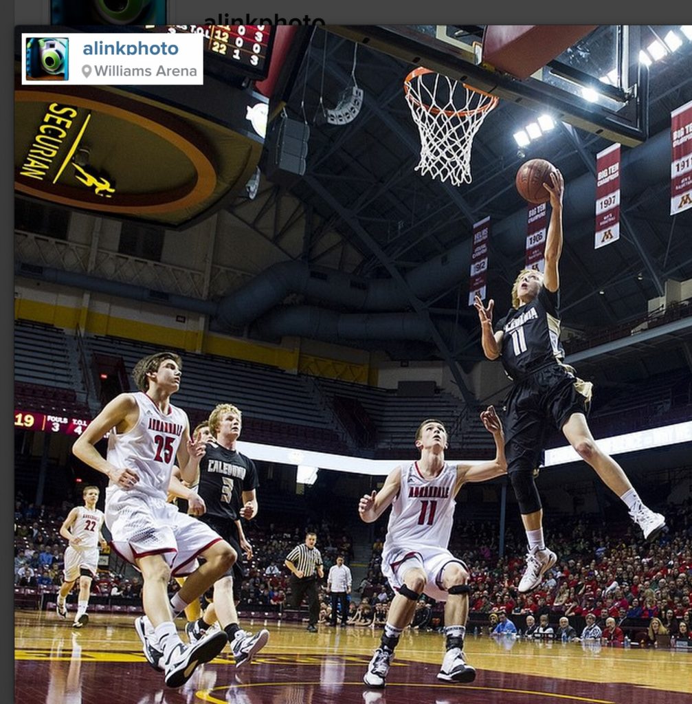 Caledonia's Colton Lampert (11) lays in a shot during a MSHSL Class AA boys basketball tournament quarterfinal game against Annandale on March 11, 2015, at Williams Arena in Minneapolis. PHOTO: Andrew Link/Winona Daily News