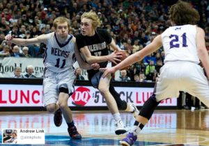 March 14, 2015: Colton Lampert drives between two Melrose defenders in the state title game at the Target Center. PHOTO: Andrew Link / ALinkPhoto on Twitter